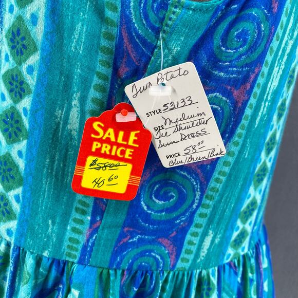 Vtg 80s 90s Two Potato Blue Artsy Midi Tiered Tie Shoulder Dress M Resort Wear - Picture 15 of 16